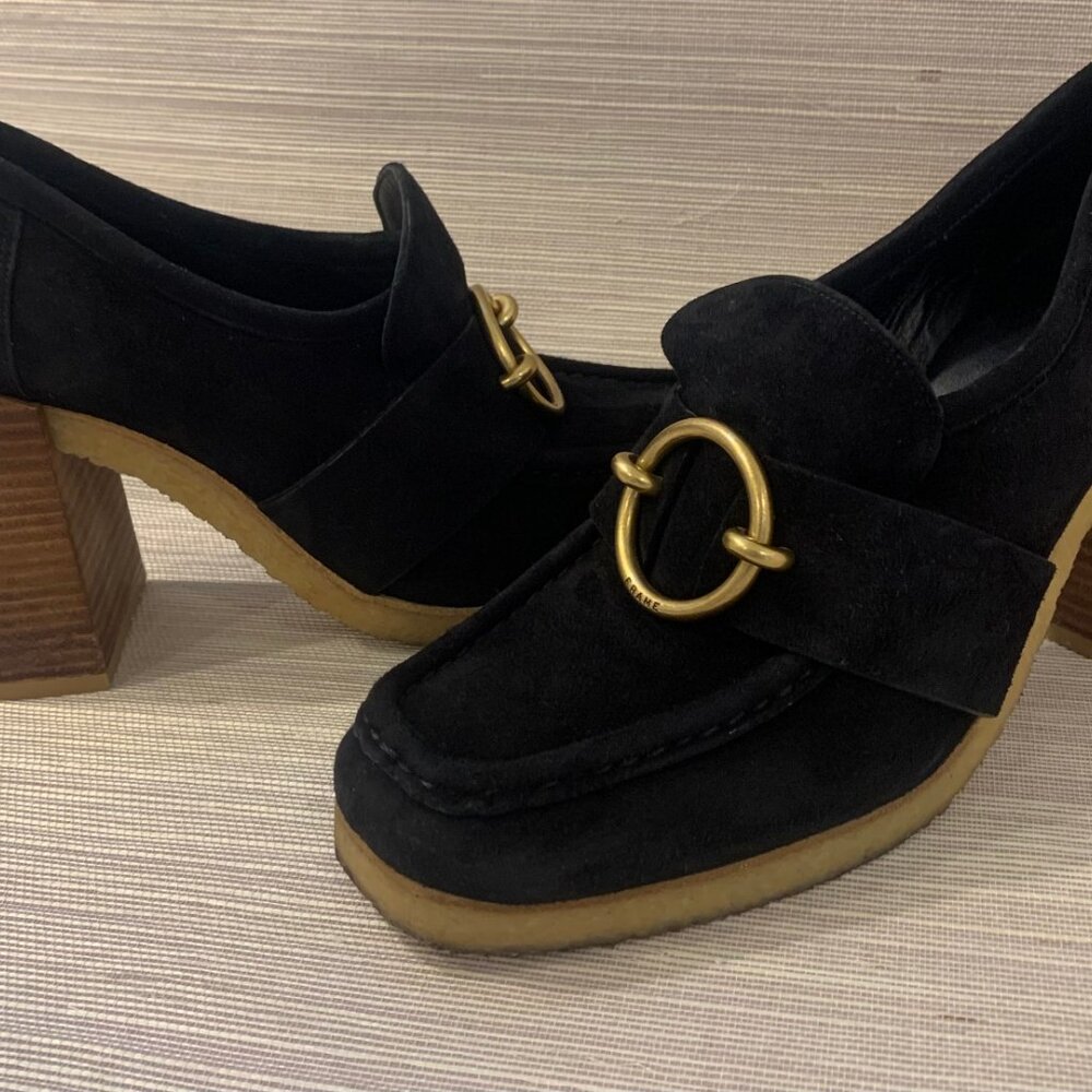 FRAME Le Benedict Block Heel Loafer Black Suede Size 38.5/US 8 Cool Retro Kicks